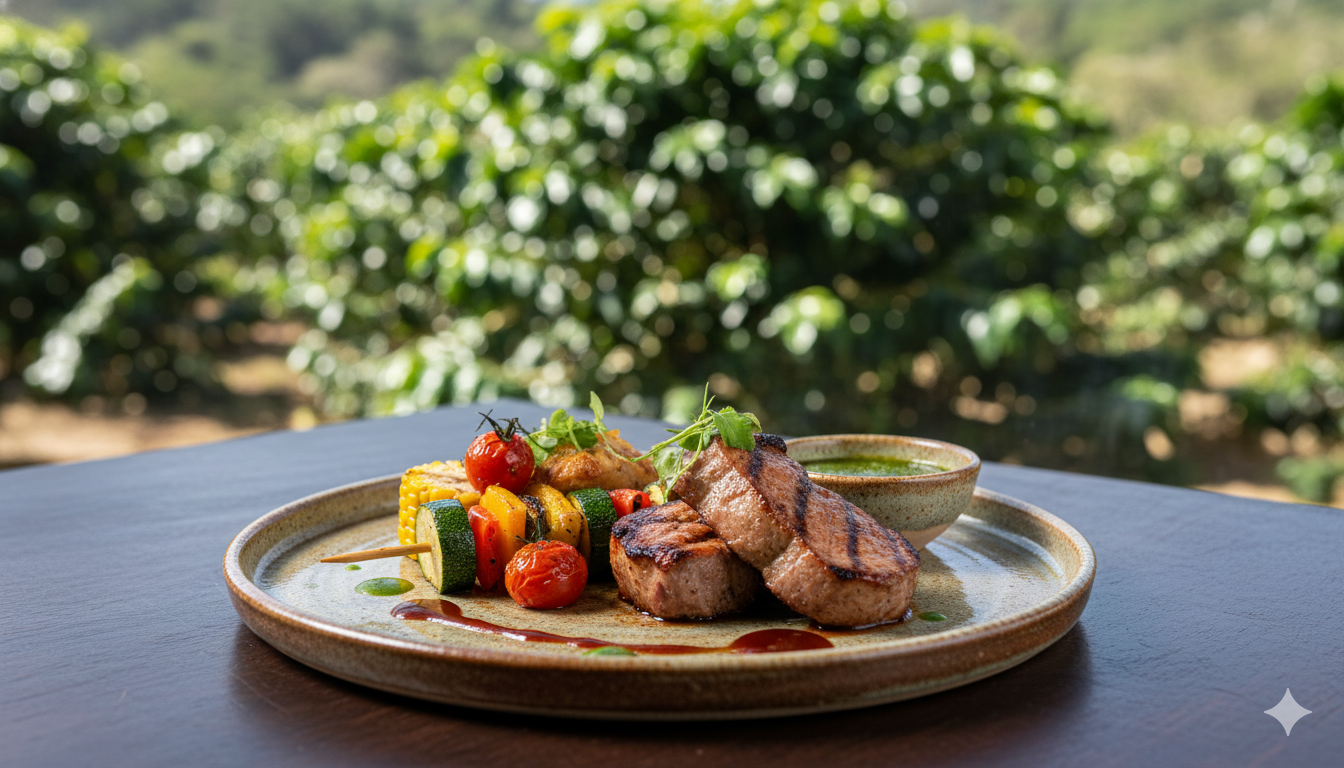 Platillo gourmet servido en una mesa de madera.